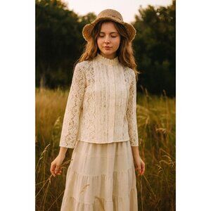 VTG Miss H Sheer Lace Victorian Blouse Women 14 Cream Long Sleeve Pleated Union